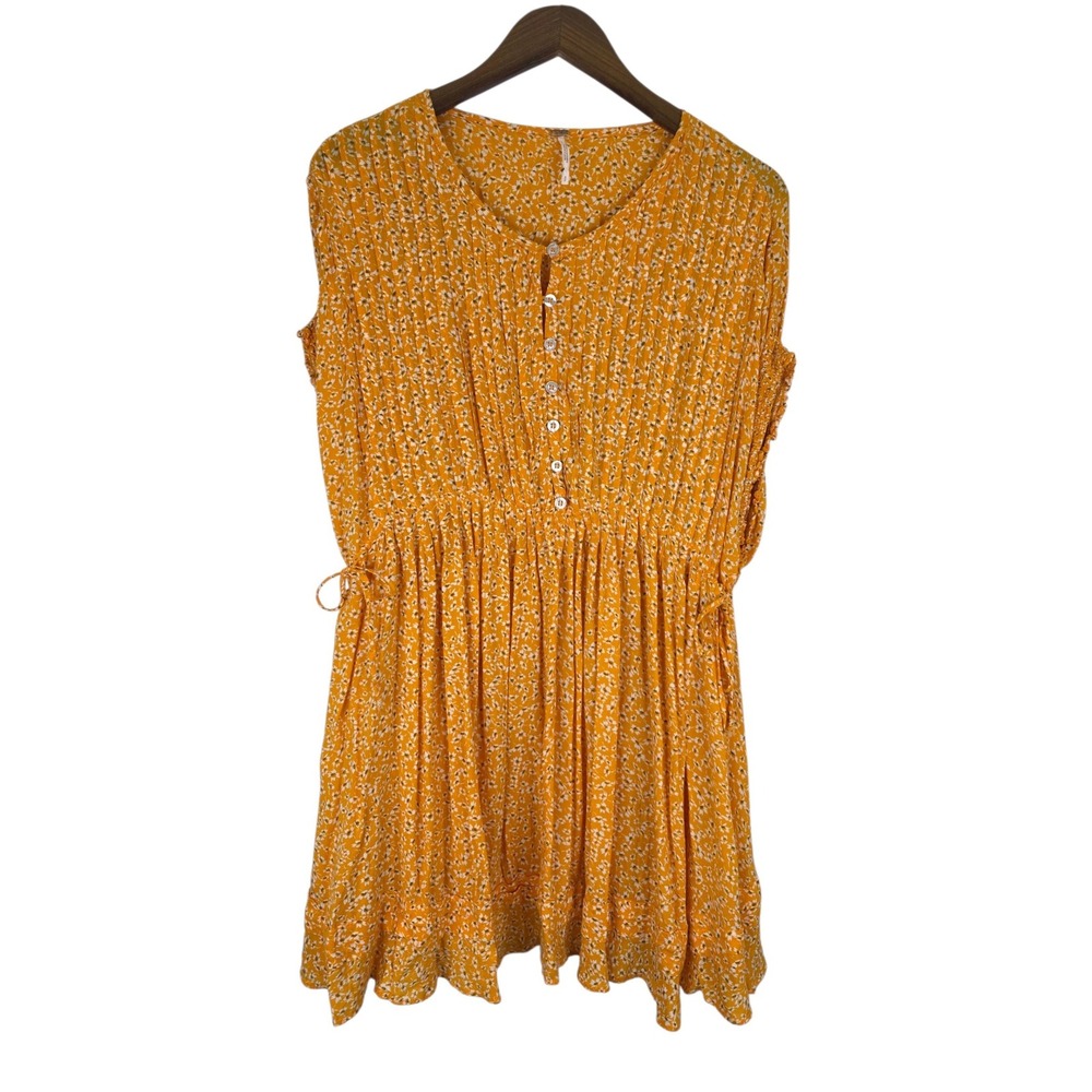Free People One Fine Day Mini Dress Womens Small Yellow Rayon Floral Boho Flowy